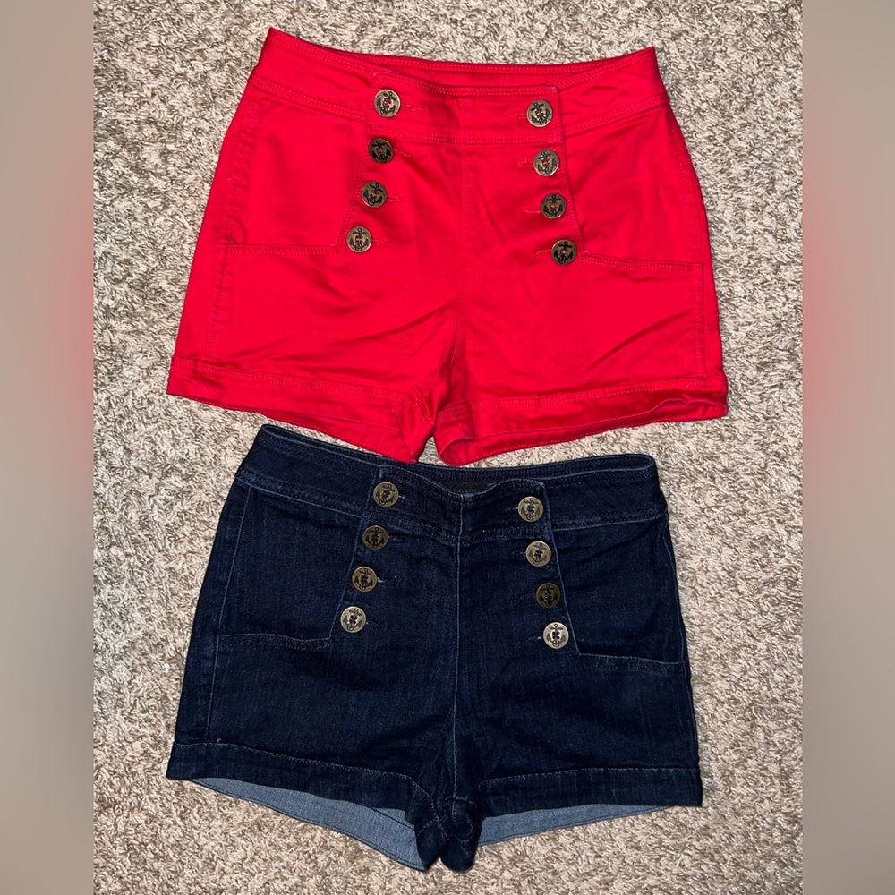 Express High-Waist Button Front Shorts - Red & Dark Blue